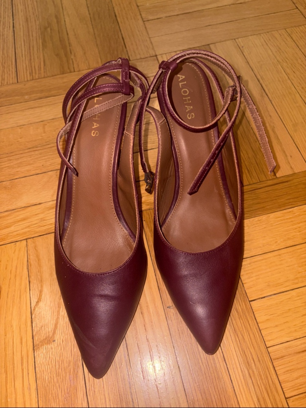 ALOHAS Burgundy Pointed-Toe Ankle-Strap Pumps